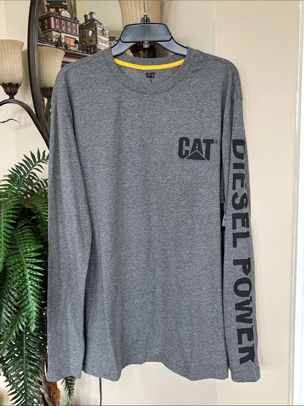 NWT Caterpillar Gray Long Sleeve Black 'Diesel Power' Logo Tee T-Shirt Trucker